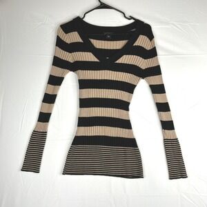 Y2K Metaphor Women's Ribbed V Neck Long Sleeve Striped Tunic Sweater Knit Top